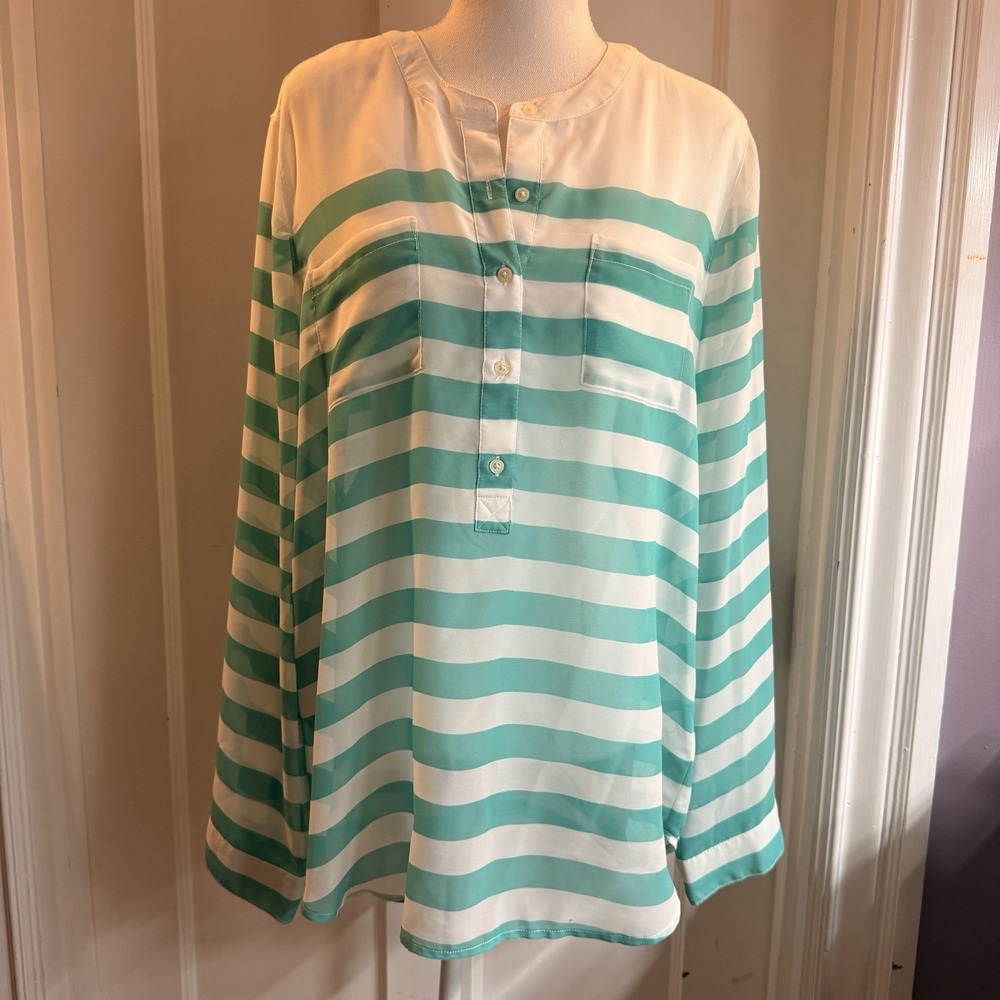 Old Navy Long Sleeve Semi-Sheer Green And White Striped 1/4 Button Tunic Size L